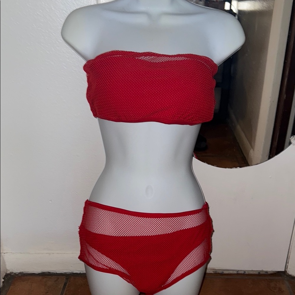 Fire Red Bikini Set w/ Lace Cover-Up – Size L – 3 Piece Set